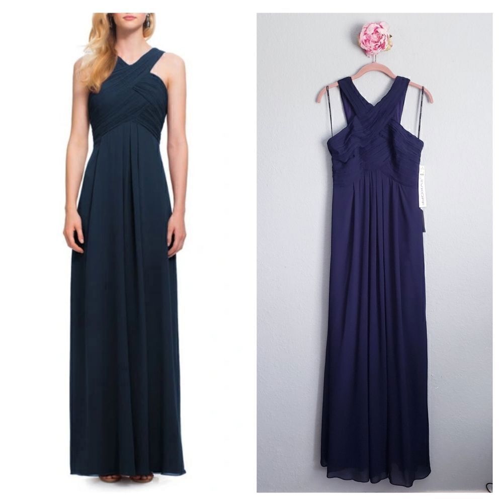 Levkoff Crisscross Neck‎ Chiffon A-line Navy Gown